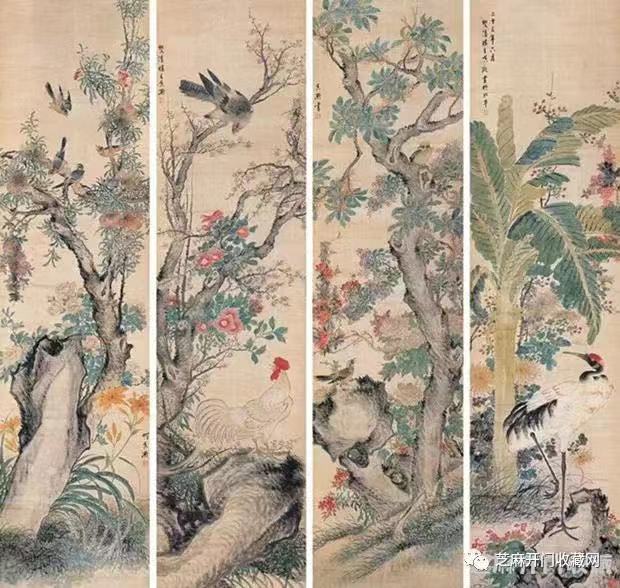 图2：《花鸟》四屏，设色绢本，成交价格RMB1,650,000，成交时间2005-12-04。205×52cm×4。.jpg