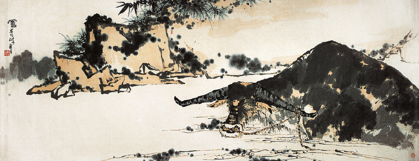 夏塘水牛图 中国画（指墨） 142.7×367cm 1960年代.jpg